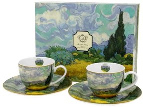 Porceláncsésze+alj, 110ml, 2 személyes, dobozban, Van Gogh: Búzaföld Ciprusokkal