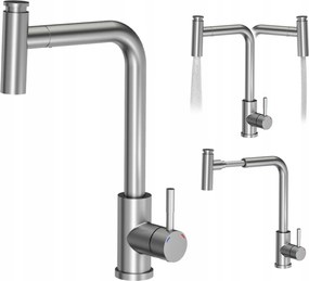 Konyhai csaptelep kihúzható, forgatható kifolyóval, 2 vízsugár móddal, acél