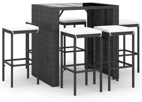 vidaXL 7 részes fekete polyrattan kerti bárszett párnákkal