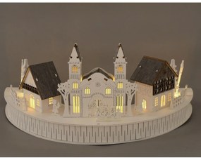 Fából készült LED dekoráció Falu templommal , 40 x17 x 20 cm, félkör alakú, félkör alakú