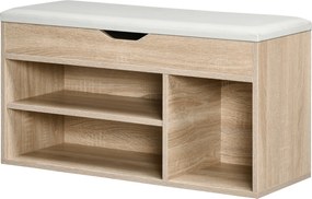 HOMCOM Helytakarékos Párnázott Cipőszekrény, Cipőtároló Szekrény 3 Rekesszel, PU Bőr Ülőfelülettel, Nappaliba és Folyosóra, 80x30x43 cm, Fa Szín | Aos