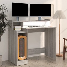 szürke sonoma színű szerelt fa íróasztal LED-ekkel 97x45x90 cm