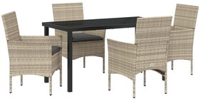 5 Részes Kert Étkezősor Párnákkal Világosszürke Poli Rattan, Kert Asztal Fekete 140x80x73 cm Edzett Üveg