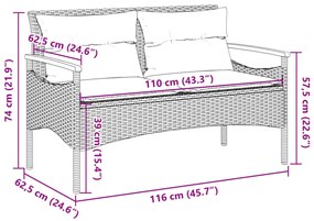 fekete polyrattan kerti pad párnával 116 x 62,5 x 74