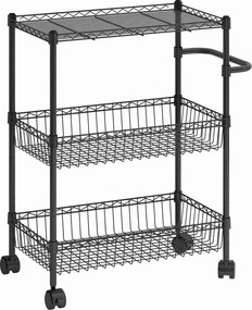 Állítható Fémhuzalos Tárolókocsi 3 Polccal, Kerekekkel, Kosárral és Fogantyúval