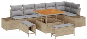 9 darabos kerti kanapé szett párnákra Bézs Poli Rattan Akácia, 2 üléses kerti kanapé tárolóval és párnákkal Bézs Poli Rattan, 3 darabos kerti étkező szett párnákkal Bézs Poli Rattan Akácia