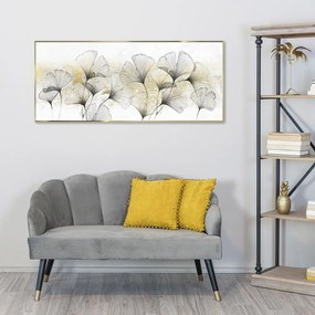Keretezett üveg falikép, arany-fekete ginko biloba, 50x125 cm, fehér - GINKO NOR ET OR