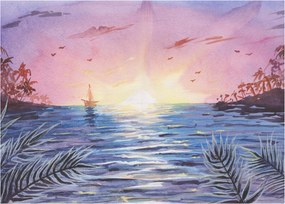 Kép - naplemente a víz felett, akvarell (üvegen) (70x50 cm)