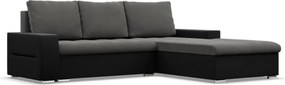 Toronto sarokkanapé, 2 ágyneműtartóval, bársony + műbőr, jobboldali, szürke - fekete