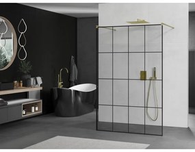Mexen Kioto, Walk-In zuhany paraván 140 x 200 cm, 8 mm üveg fekete mintás, arany matt profil, 800-140-002-55-77