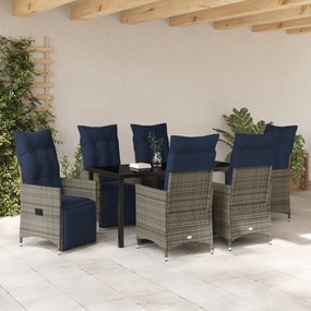 7 részes kerti étkezőszett párnákkal szürke polyrattannal, Kerti asztal fekete 160x80x73 cm edzett üveggel