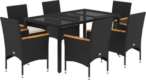 vidaXL 7 részes fekete polyrattan/üveg kerti étkezőgarnitúra párnával