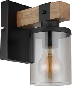 Globo 15555W Fali lámpa fém matt fekete, fa sötétbarna, füstszínű üveg, fény iránya: felfelé, SZxM: 100x225mm, Mélység: 170mm, nem tartozék: 1x E27 60W 230V