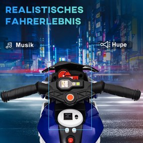 HOMCOM Elektromos Gyerekmotor, fények és hangok, 3 km/h, újratölthető, műanyag és fém, kék-fehér