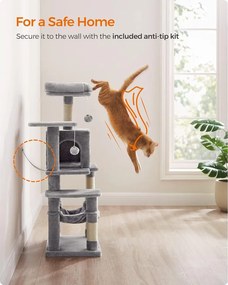 Macska kaparófa, 112 cm-es macska torony kilátóval, világosszürke