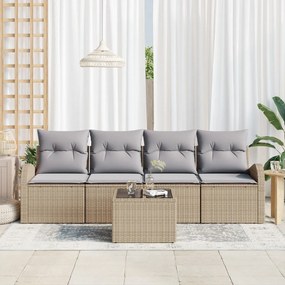 5 Részes Kerti Kanapé Szett Párnákkal Bézs Poli Rattanban