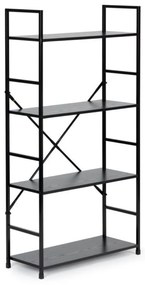 Fekete 4 szintes nyitott könyvespolc, tároló állvány fém lábakkal - 59x112cm Intenso