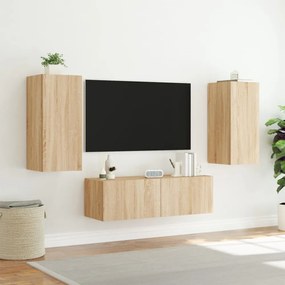 3 darab sonoma tölgy színű falra szerelhető TV-szekrény LED-del