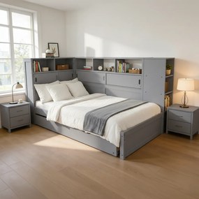 Ágy polcokkal és pótággyal, szürke, 90x200, LENDON