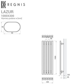 Regnis Lazur LA, fűtőelem 330x1000mm központi csatlakozással 50mm, 428W, fekete matt, LAZURLA/1000/330/D5/BLACK