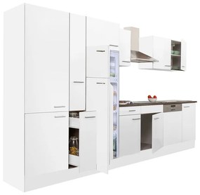Yorki 370 konyhablokk fehér korpusz,selyemfényű fehér fronttal polcos szekrénnyel és felülfagyasztós hűtős szekrénnyel
