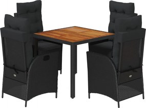 vidaXL 5 részes fekete polyrattan kerti étkezőgarnitúra párnákkal