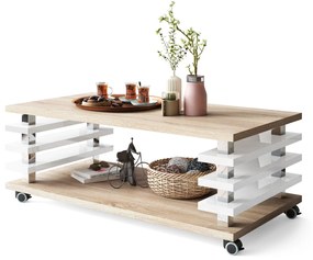 PORTO Sonoma Tölgy/Fehér Fényes - MODERN dohányzóasztal lamellákkal 2az1ben, kerekekkel/lábakkal