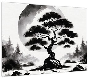 Üveg kép – Fekete-fehér bonsai (70x50 cm)