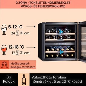 Klarstein Vinsider 36 Onyx Edition, borhűtő, 85 liter, 5 - 22 °C, 2 zóna