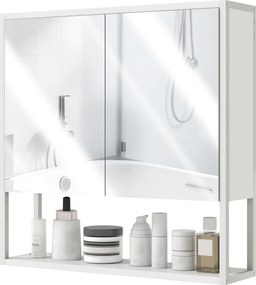 HOMCOM tükörszekrény fali fürdőszobai, 60 x 16 x 60 cm — 2 tükörajtó, állítható belső polc és nyitott polc, fehér | Aosom