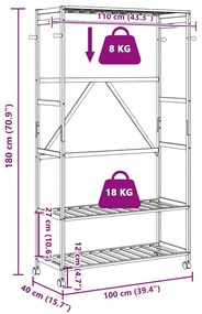 bambusz ruhaállvány polcokkal és kerekekkel 110x40x180 cm