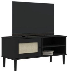 SENJA fekete rattanhatású tömör fenyő TV-szekrény 106x40x49 cm
