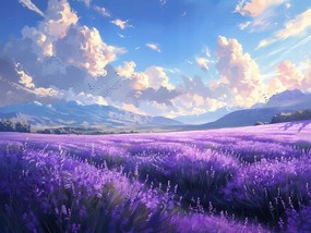 Vászonkép Canvas Tájkép Hegyek Dombok Mezők Levendula Felhők 100x75