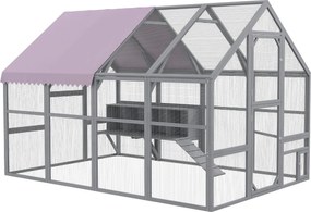 PawHut Fa Tyúkfuttató, 280 x 185,5 x 188 cm, Tyúkketrec Ajtóval, Tojástartóval, Tetővel, Rámpával, Kültéri Védett Terület 8-12 Tyúk Számára, Szürke |