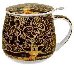 Porcelán teás bögre tetővel fém szűrővel 430 ml díszdobozban Gustav Klimt Életfa