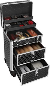 Sminktáska, kozmetikai tároló gurulós, fekete 34x25x57cm