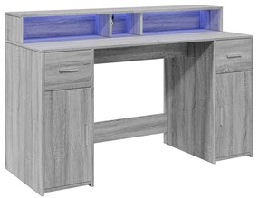 szürke sonoma színű szerelt fa íróasztal LED-ekkel 140x55x91 cm