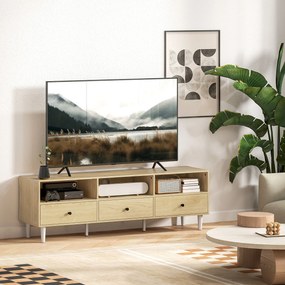 HOMCOM TV Állvány Fa TV Szekrény 75"-ig Szánt TV-khez 3 Fiókkal, 3 Nyitott Polccal, Kábelkezeléssel, Nappalira és Hálószobába, 140 x 34 x 45 cm, Termé