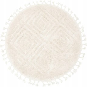 Kerek Szőnyeg Világos Krémszínű Rombusz 3D Rojtokkal Boho Berber Stílus Átm. 120 cm