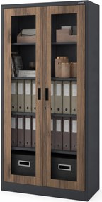 Fém szekrény vitrinnel antracit / dió: Eco Design AMELIA, 900 x 1850 x 400 mm