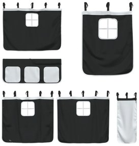 fehér/fekete tömör fenyőfa emeletes ágy függönyökkel 75x190 cm