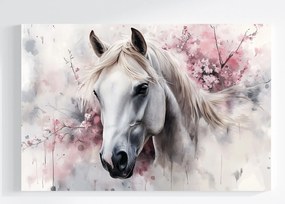 Vászonkép Canvas Fehér Ló Rózsaszín Virágok Sörény Portré 120x80