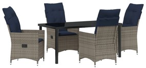 5 darabos kerti étkező garnitúra párnákkal szürke poli rattan, Kerti asztal fekete 160x80x73 cm edzett üveg