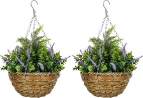 Outsunny 2 db Műlevendula Növény Cserép és Kampóval, PE és Fonott Műnövények, Ø25x34 cm, Zöld és Lila | Aosom