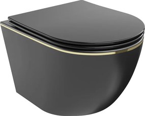 Mexen Lena Rimless WC csésze lassan záródó slim duroplast ülőkével, fekete matt/arany vonal - 30224075