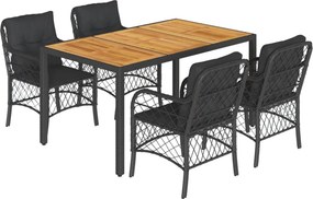 vidaXL 5 részes fekete polyrattan kerti étkezőgarnitúra párnákkal