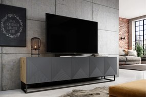 Asha TV-szekrény 200 cm, bordázott előlapokkal és fekete fém vázzal – artisan / rivier stone matt