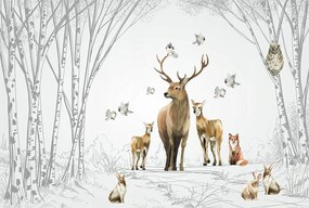 Erdei állatok mintás tapéta, nyírfa erdő 368x248