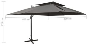 antracitszürke dupla tetejű konzolos napernyő 400 x 300 cm