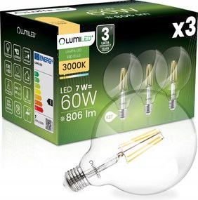 3x Led Izzó E27 Gömb G125 7W 60W 806LM 3000K 360° Dekoratív Lumiled
